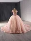 Luxury / Gorgeous Blushing Pink Beading Sequins Cascading Ruffles Prom Dresses Ball Gown 2024 Off-The-Shoulder Sleeveless Backless Chapel Train Prom Formal Dresses