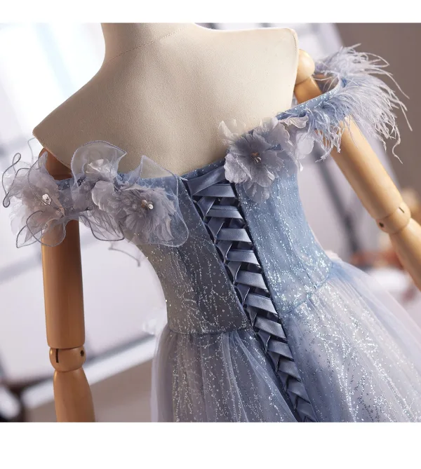 Chic / Beautiful Sky Blue Beading Tassel Appliques Sequins Prom Dresses 2025 A-Line / Princess Off-The-Shoulder Short Sleeve Backless Floor-Length / Long Formal Dresses