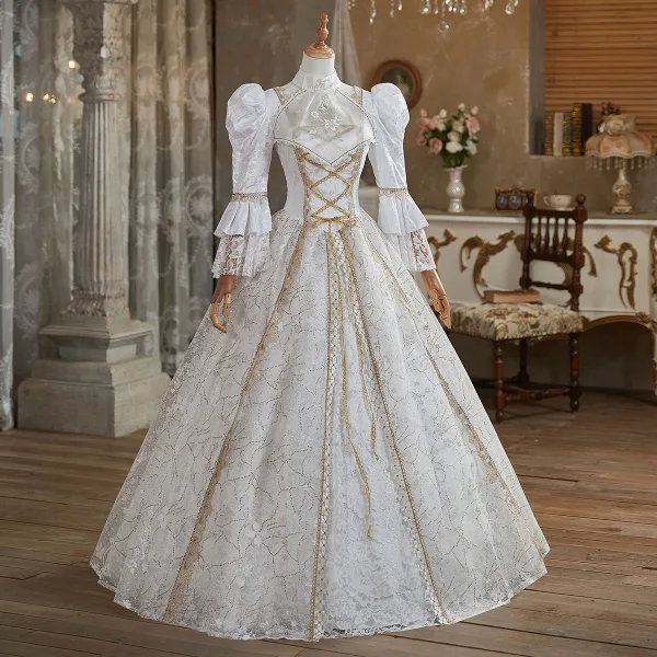 Medieval White Beading Sequins Lace Flower Prom Dresses 2024 Ball Gown High Neck Bell