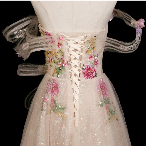 Charming Champagne Appliques Sequins Lace Flower Prom Dresses 2025 A-Line / Princess Strapless Sleeveless Backless Floor-Length / Long Prom Formal Dresses