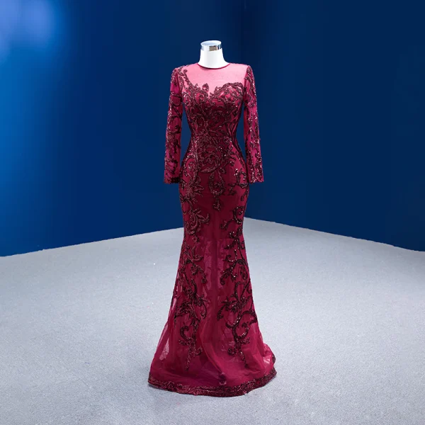 Vintage / Retro High-end Burgundy Sequins Evening Dresses 2022 Trumpet / Mermaid Scoop Neck Long Sleeve Bow Royal Train Prom Formal Dresses