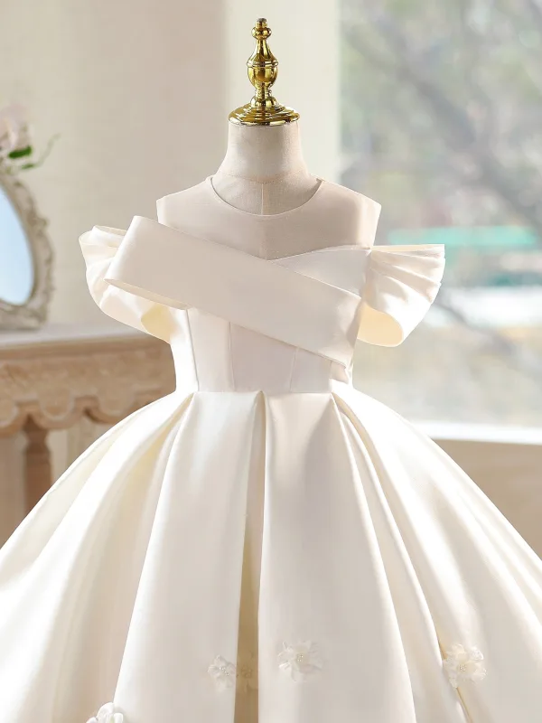 Elegant Ivory Satin Birthday Flower Girl Dresses 2026 Ball Gown Scoop Neck Short Sleeve Backless