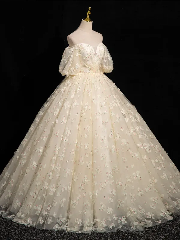 Chic / Belle Champagne Perle Appliques Robe De Bal 2024 Robe Boule De l'épaule Manches Courtes Dos Nu Longue Promo Robe De Ceremonie
