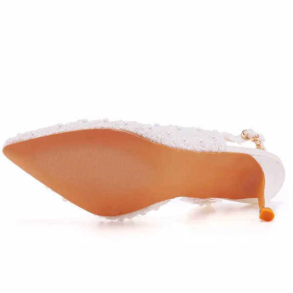 Chic / Belle Blanche Perle En Dentelle Fleur Chaussure De Mariée 2022 7 cm Talons Aiguilles À Bout Pointu Mariage Sandales Talons Hauts