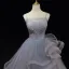 Charming Grey Cascading Ruffles Pearl Prom Dresses 2023 Ball Gown Spaghetti Straps Sleeveless Backless Floor-Length / Long Prom Formal Dresses