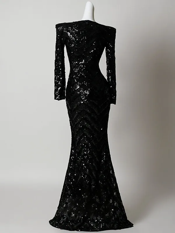 Sparkly Black Sequins Rhinestone Evening Dresses 2026 Trumpet / Mermaid Scoop Neck Long Sleeve Floor-Length / Long Formal Dresses