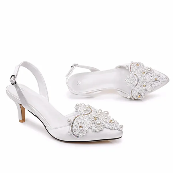Elegant White Rhinestone Pearl Wedding Shoes Satin Wedding 2026 6 cm Stiletto Heels Pointed Toe High Heels