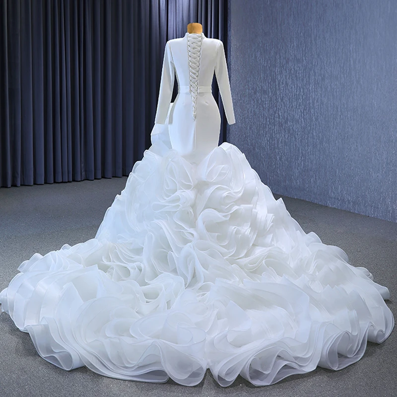 Muslim White Cascading Ruffles Wedding Dresses 2023 Trumpet Mermaid High Neck Long Train