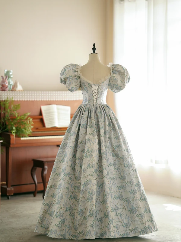 Classy Sage Green Printing Prom Dresses 2024 A-Line / Princess Scoop Neck Puffy Short Sleeve Backless Floor-Length / Long Prom Formal Dresses