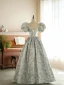 Classy Sage Green Printing Prom Dresses 2024 A-Line / Princess Scoop Neck Puffy Short Sleeve Backless Floor-Length / Long Prom Formal Dresses