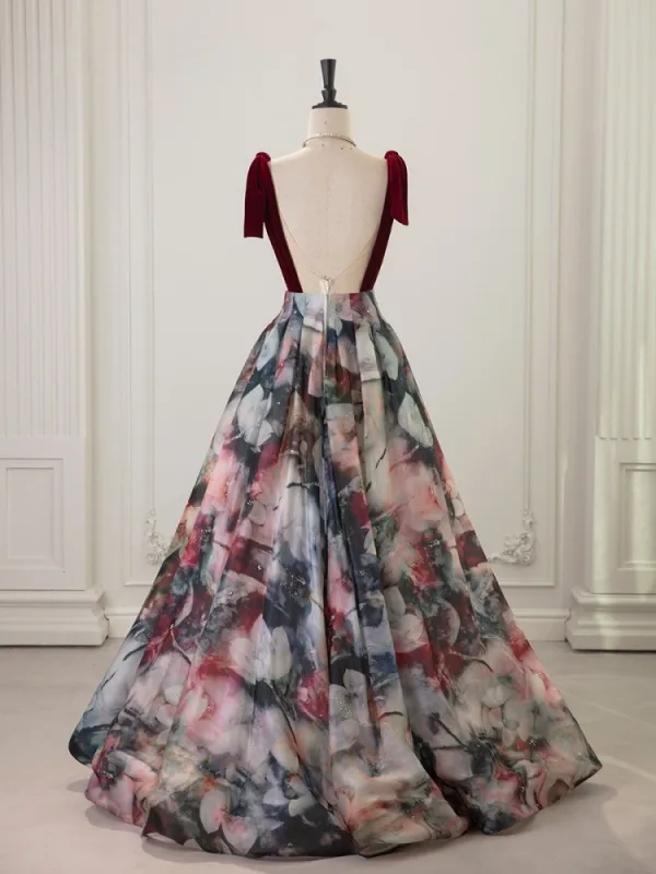 Vintage / Retro Burgundy Prom Dresses 2025 A-Line / Princess V-Neck Sleeveless Backless Floor-Length / Long Formal Dresses