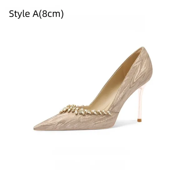 Bling Bling Champagne Rhinestone Leather Wedding Shoes 2026 8 cm Stiletto Heels Pointed Toe Wedding Pumps
