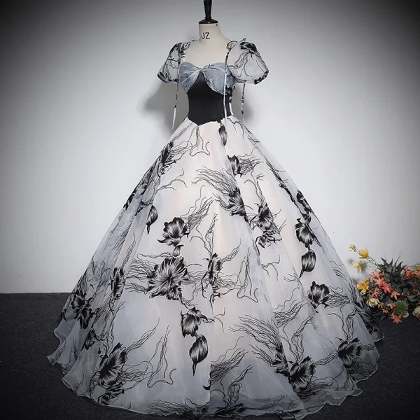 Elegant Black Printing Prom Dresses 2023 Ball Gown Square Neckline Puffy Short Sleeve Backless Bow Floor-Length / Long Prom Formal Dresses