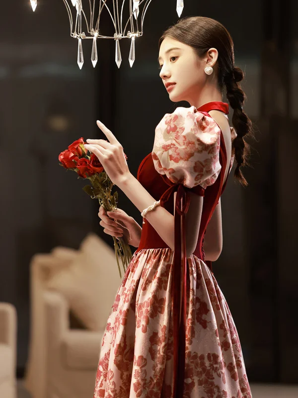 Elegant Burgundy Printing Prom Dresses 2022 A-Line / Princess Square Neckline Puffy Short Sleeve Backless Floor-Length / Long Formal Dresses