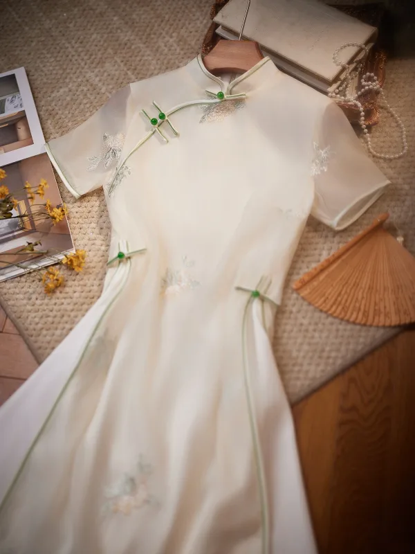 Chinese style White Printing Floor-Length Long Cheongsam 2024 A-Line Princess High Neck Chinese style White Printing Floor-Length Long Cheongsam 2024 A-Line Princess High Neck