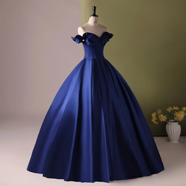 Vintage / Retro Elegant Navy Blue Satin Prom Dresses 2024 Ball Gown Off-The-Shoulder Short Sleeve Backless Floor-Length / Long Prom Formal Dresses