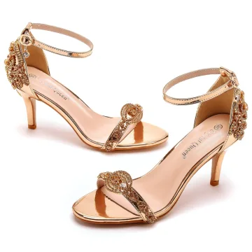 Sexy Champagne Faux Diamant Bride Cheville Sandales Femme 2023 7 Cm Talons Aiguilles Peep Toes Bout Ouvert Mariage Sandales Talons Hauts