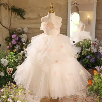 Herlig Hvit Gripende Ruffles Appliques Bursdag Blomsterpikekjoler 2025 Ballkjole Scoop Halsen Uten Ermer Ryggløse Lange