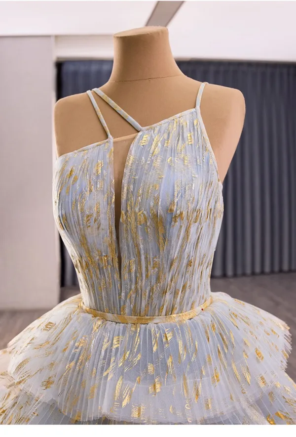 Fashion Grey Cascading Ruffles Glitter Prom Dresses 2025 Ball Gown Spaghetti Straps Sleeveless Floor-Length / Long Tulle Prom Formal Dresses