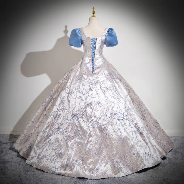 Elegant Sky Blue Printing Prom Dresses Formal Dresses 2024 Ball Gown Square Neckline Bow Puffy Short Sleeve Backless Prom Floor-Length / Long