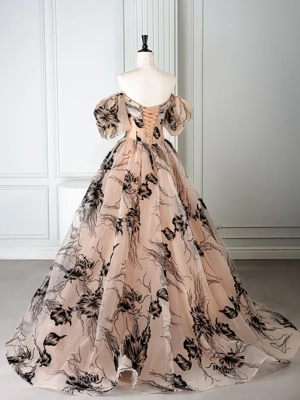 Fashion Champagne Embroidered Prom Dresses 2025 Ball Gown Off-The-Shoulder Puffy Short Sleeve Backless Sweep Train Formal Dresses