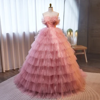 Lovely Charming Blushing Pink Cascading Ruffles Prom Dresses 2023 Ball Gown Strapless Pearl Appliques Sleeveless Backless Sweep Train Prom Formal Dresses