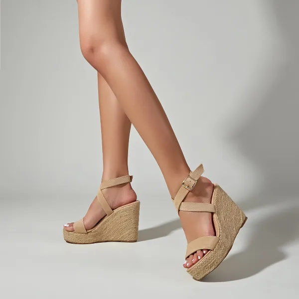 Schöne Schwarz Strassenmode Flechten Sandalen Damen 2022 Knöchelriemen 11 cm Keilabsatz Peeptoes Sandaletten