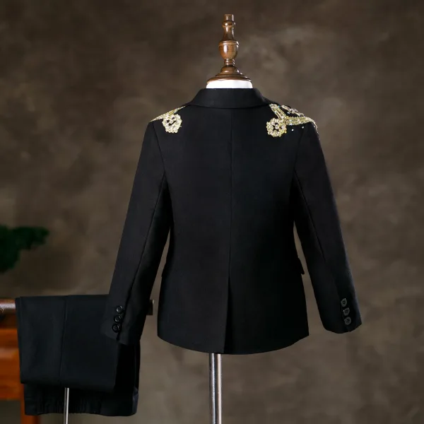 Fashion Black 6-piece Rhinestone Lace Flower Boys Wedding Suits 2025 Long Sleeve Body Jewellery Coat Pants Shirt Tie Vest