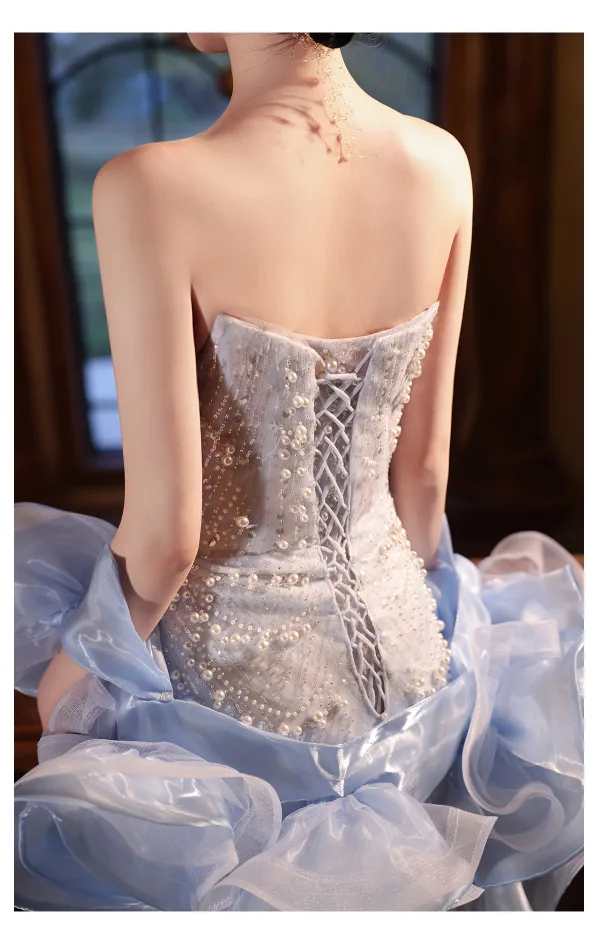 Sexy Sky Blue Beading Pearl Sequins Evening Dresses 2025 Trumpet / Mermaid Strapless Sleeveless Backless Floor-Length / Long Evening Party Formal Dresses