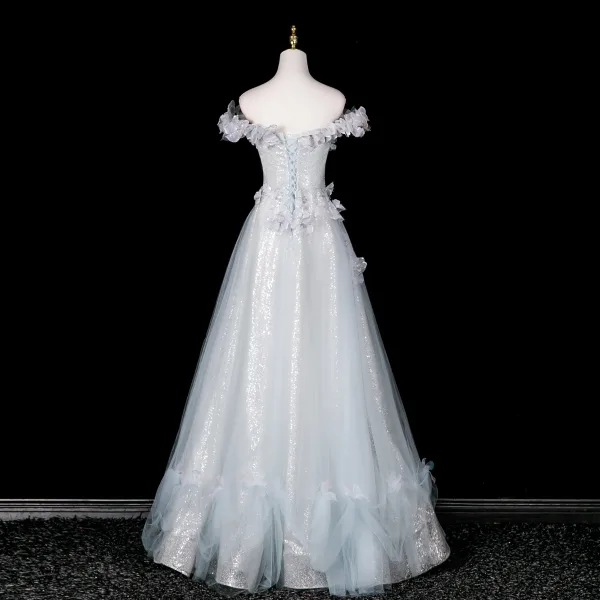 High End Himmelblau Handgefertigt Perlenstickerei Pailletten Applikationen Ballkleider 2025 A Linie Off Shoulder Ärmellos Rückenfreies Lange Ball Festliche Kleider