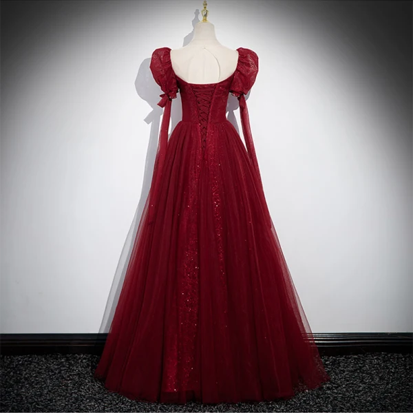 Elegant Burgundy Beading Rhinestone Prom Dresses 2023 A-Line / Princess Scoop Neck Puffy Short Sleeve Backless Floor-Length / Long Formal Dresses