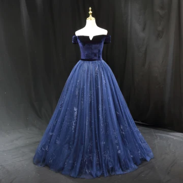 Vintage Originale Bleu Marine Paillettes Robe De Bal 2023 Robe Boule De L Épaule Sans Manches Dos Nu Longue Promo Robe De Ceremonie