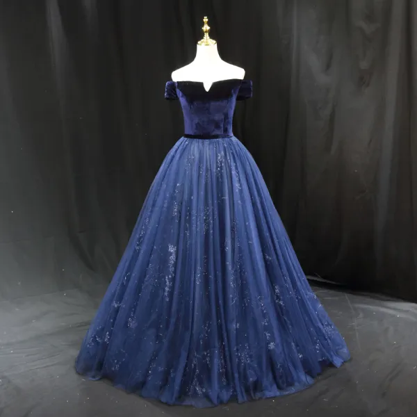Vintage / Retro Navy Blue Sequins Prom Dresses 2023 Ball Gown Off-The ...