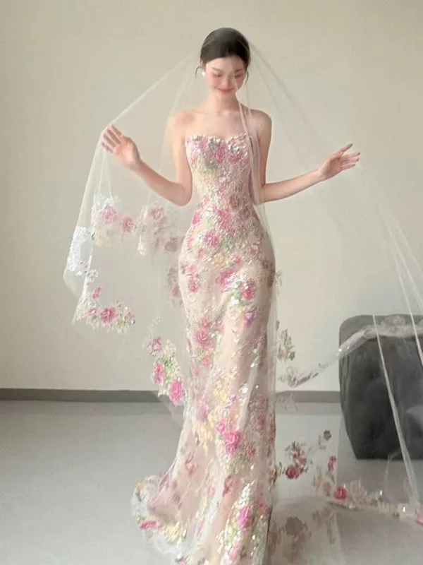 High-end Sexy Multi-Farger Beading Paljetter Blonder Blomst Selskapskjoler 2025 Trompet / Havfrue Kjæreste Uten Ermer Ryggløse Feie Tog Aften