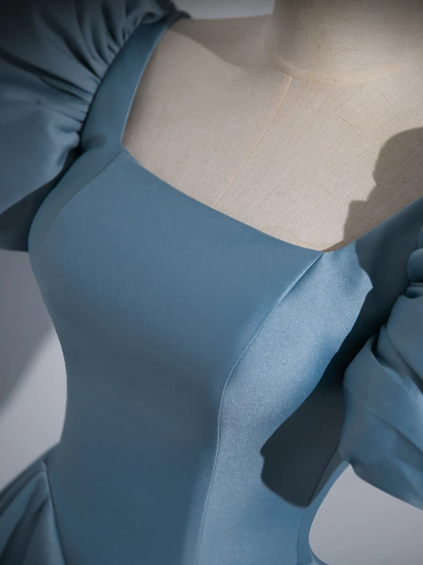 Elegant Pool Blue Satin Prom Dresses 2023 Ball Gown Square Neckline Puffy Short Sleeve Backless Floor-Length / Long Prom Formal Dresses