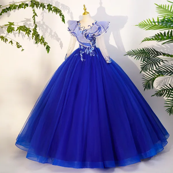 Vintage / Retro Royal Blue Sequins Lace Flower Prom Dresses 2023 V-Neck 1/2 Sleeves Backless Floor-Length / Long Prom Formal Dresses