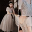 Modern / Fashion Champagne Glitter Graduation Dresses 2022 A-Line / Princess V-Neck Puffy Short Sleeve Backless Sequins Tea-length Formal Dresses
