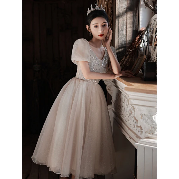 Modern / Fashion Champagne Glitter Graduation Dresses 2022 A-Line / Princess V-Neck Puffy Short Sleeve Backless Sequins Tea-length Formal Dresses