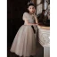 Modern / Fashion Champagne Glitter Graduation Dresses 2022 A-Line / Princess V-Neck Puffy Short Sleeve Backless Sequins Tea-length Formal Dresses