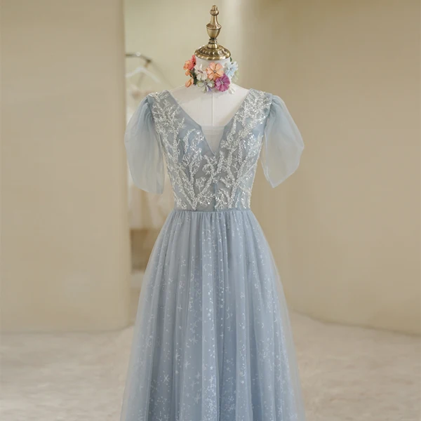 Chic / Beautiful Silver Sequins Prom Dresses 2022 A-Line / Princess V-Neck Short Sleeve Backless Floor-Length / Long Prom Formal Dresses
