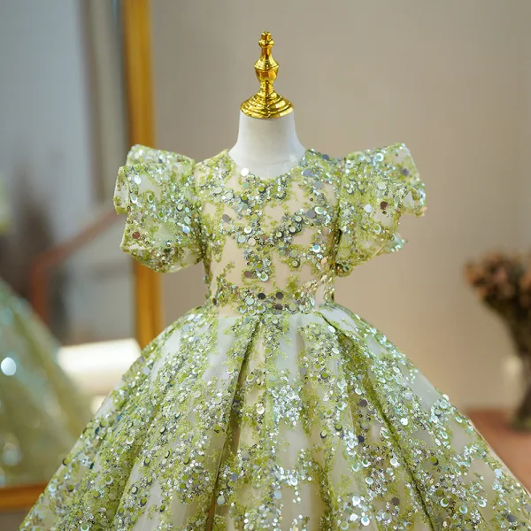 Bling Bling Vert Perlage Paillettes Anniversaire Robe Ceremonie Fille 2024 Robe Boule Encolure Dégagée Gonflée Manches Courtes Longue
