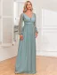 Bling Bling Pool Blue Sequins Evening Dresses 2024 A-Line / Princess V-Neck Long Sleeve Backless Floor-Length / Long Evening Party Formal Dresses