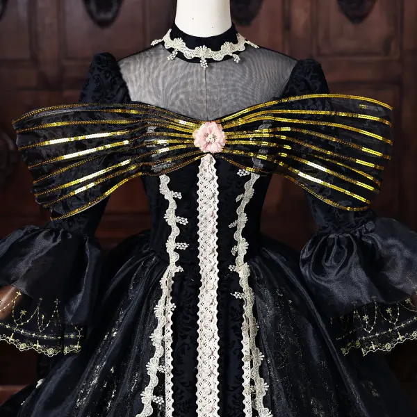 Vintage / Originale Médiévale Noire Paillettes En Dentelle Fleur Robe De Bal 2026 Robe Boule Col Haut Manches de cloche Dos Nu Longue Robe De Ceremonie