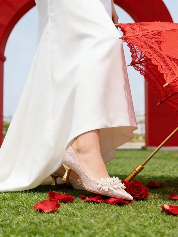 Bling Bling Gold Pearl Rhinestone Wedding Shoes 2026 5 cm Stiletto Heels Leather Pointed Toe Wedding Pumps