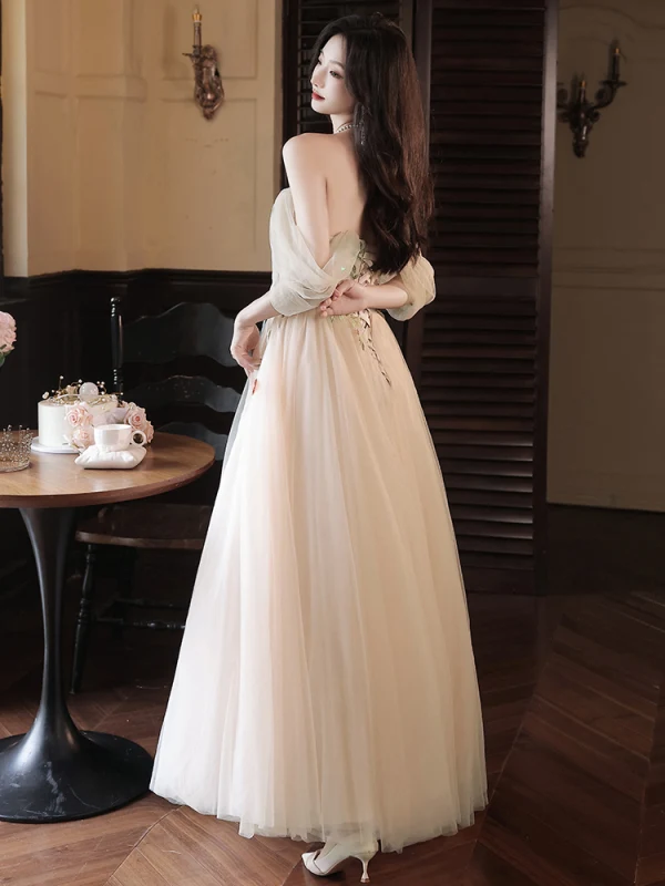 Charming Blushing Pink Sequins Lace Flower Prom Dresses 2023 A-Line / Princess Off-The-Shoulder Sleeveless Backless Floor-Length / Long Prom Formal Dresses
