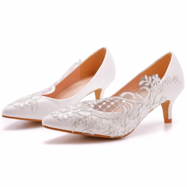 Élégant Blanche En Dentelle Fleur Paillettes Chaussure De Mariée 2023 5 cm Talons Aiguilles À Bout Pointu Mariage Escarpins Talons Hauts