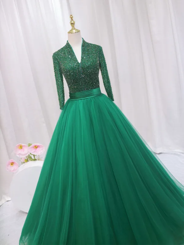 Vintage / Retro Purple Beading Sequins Prom Dresses 2024 Ball Gown High Neck Long Sleeve Backless Floor-Length / Long Prom Formal Dresses