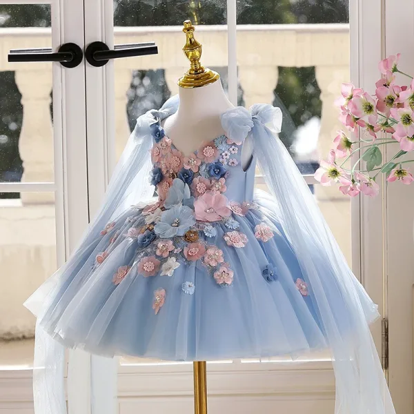 Chic / Beautiful Sky Blue Lace Flower Appliques Birthday Short Flower Girl Dresses 2025 Ball Gown V-Neck Sleeveless