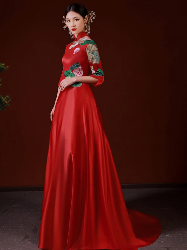 Chinese style Red Rhinestone Embroidered Prom Dresses 2022 Satin A-Line / Princess High Neck 1/2 Sleeves Backless Sweep Train Formal Dresses