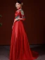 Chinese style Red Rhinestone Embroidered Prom Dresses 2022 Satin A-Line / Princess High Neck 1/2 Sleeves Backless Sweep Train Formal Dresses